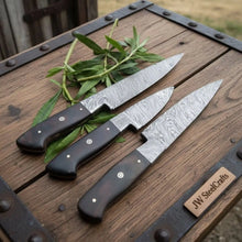 Load image into Gallery viewer, 3-Piece Twisted Damascus Kitchen Knife Set — 10" Chef &amp; Utility Knives with 7" Paring Knife and Black Micarta Handles