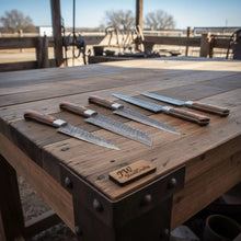 Load image into Gallery viewer, 5-Piece Damascus Knife Set Orange Black Pakka Wood Handles with Hammered Tsuchime Blades