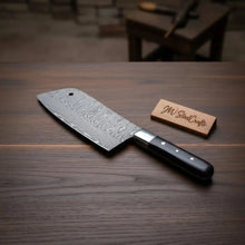 Load image into Gallery viewer, 7-Inch Forged Damascus Cleaver Knife — Twisted Pattern Blade, Grey Pakka Wood Handle, Steel Bolster &amp; Hanging Hole | JW Steel Crafts