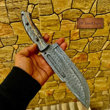 Load image into Gallery viewer, Damascus Hunting Knife with Grey Pinecone Handle | Full Tang + Black Leather Sheath