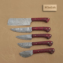 Load image into Gallery viewer, 6-Piece Handmade Damascus Kitchen Knife Set with Red Wood Handles