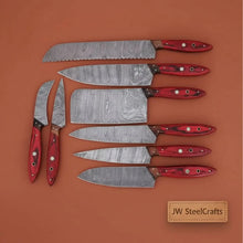 Load image into Gallery viewer, Damascus Kitchen Knife Set of 8, Hand-Forged with Red Pakka Handles