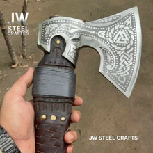 Load image into Gallery viewer, Engraved Norse Valknut Hatchet with Braided Leather Handle