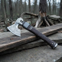 Load image into Gallery viewer, Engraved Norse Valknut Hatchet with Braided Leather Handle