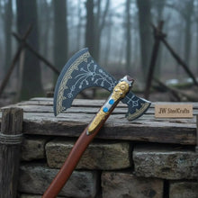 Load image into Gallery viewer, Hand Forged Viking Fantasy Double-Bit Axe with Norse Engraving, Gold Handle Fittings and Blue Gemstone Inlays