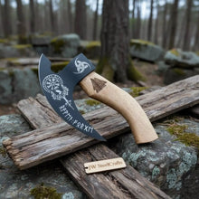 Load image into Gallery viewer, Viking Rune Engraved Bearded Axe Pizza Cutter — Carbon Steel Blade, Ash Wood Handle