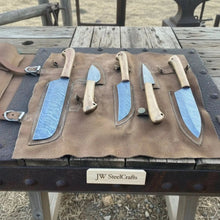 Load image into Gallery viewer, 5-Piece Damascus Knife Set — Cleaver, Chef, Skinner, Utility &amp; Paring with Olive Wood Handles &amp; Leather Roll
