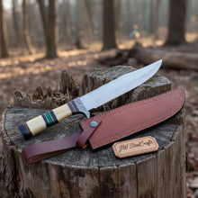 Load image into Gallery viewer, Frontier Bowie Knife, Jim Bowie Style Clip Point Knife, Hand Forged Mirror Polish Blade, Stacked Bone Handle, Traditional American Bowie with Leather Sheath