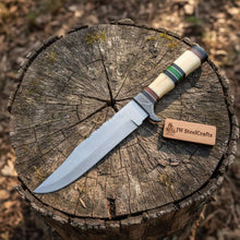 Load image into Gallery viewer, Frontier Bowie Knife, Jim Bowie Style Clip Point Knife, Hand Forged Mirror Polish Blade, Stacked Bone Handle, Traditional American Bowie with Leather Sheath