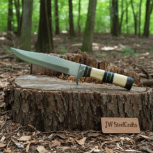 Load image into Gallery viewer, Frontier Bowie Knife, Jim Bowie Style Clip Point Knife, Hand Forged Mirror Polish Blade, Stacked Bone Handle, Traditional American Bowie with Leather Sheath