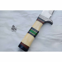 Load image into Gallery viewer, Frontier Bowie Knife, Jim Bowie Style Clip Point Knife, Hand Forged Mirror Polish Blade, Stacked Bone Handle, Traditional American Bowie with Leather Sheath