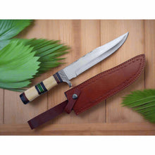 Load image into Gallery viewer, Frontier Bowie Knife, Jim Bowie Style Clip Point Knife, Hand Forged Mirror Polish Blade, Stacked Bone Handle, Traditional American Bowie with Leather Sheath