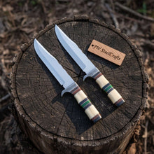 Load image into Gallery viewer, Frontier Bowie Knife Set, Matched Pair Jim Bowie Style Clip Point Knives, Hand Forged Mirror Polish Blades, Stacked Bone Handles, Traditional American Bowie Set with Leather Sheaths