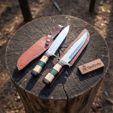 Load image into Gallery viewer, Frontier Bowie Knife Set, Matched Pair Jim Bowie Style Clip Point Knives, Hand Forged Mirror Polish Blades, Stacked Bone Handles, Traditional American Bowie Set with Leather Sheaths