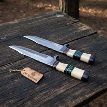 Load image into Gallery viewer, Frontier Bowie Knife Set, Matched Pair Jim Bowie Style Clip Point Knives, Hand Forged Mirror Polish Blades, Stacked Bone Handles, Traditional American Bowie Set with Leather Sheaths