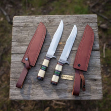 Load image into Gallery viewer, Frontier Bowie Knife Set, Matched Pair Jim Bowie Style Clip Point Knives, Hand Forged Mirror Polish Blades, Stacked Bone Handles, Traditional American Bowie Set with Leather Sheaths