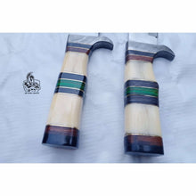 Load image into Gallery viewer, Frontier Bowie Knife Set, Matched Pair Jim Bowie Style Clip Point Knives, Hand Forged Mirror Polish Blades, Stacked Bone Handles, Traditional American Bowie Set with Leather Sheaths