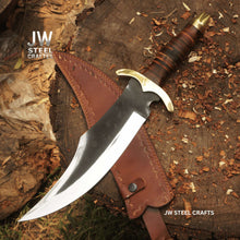 Load image into Gallery viewer, Frontier Clip Point Bowie Knife 13 Inch Blade, Hand Forged High Carbon Steel, Stacked Leather Handle, Brass Crossguard, Handmade Leather Sheath, JW SteelCrafts