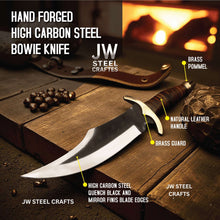 Load image into Gallery viewer, Frontier Clip Point Bowie Knife 13 Inch Blade, Hand Forged High Carbon Steel, Stacked Leather Handle, Brass Crossguard, Handmade Leather Sheath, JW SteelCrafts