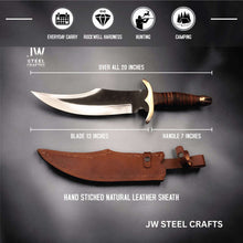 Load image into Gallery viewer, Frontier Clip Point Bowie Knife 13 Inch Blade, Hand Forged High Carbon Steel, Stacked Leather Handle, Brass Crossguard, Handmade Leather Sheath, JW SteelCrafts