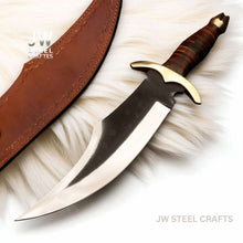 Load image into Gallery viewer, Frontier Clip Point Bowie Knife 13 Inch Blade, Hand Forged High Carbon Steel, Stacked Leather Handle, Brass Crossguard, Handmade Leather Sheath, JW SteelCrafts