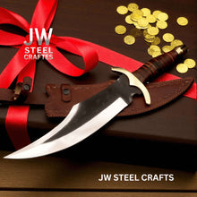 Load image into Gallery viewer, Frontier Clip Point Bowie Knife 13 Inch Blade, Hand Forged High Carbon Steel, Stacked Leather Handle, Brass Crossguard, Handmade Leather Sheath, JW SteelCrafts