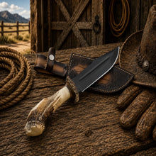 Load image into Gallery viewer, Frontier Hunter Bowie Knife – D2 Acid Etched Antler Handle