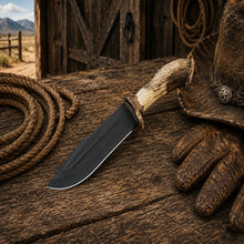 Load image into Gallery viewer, Frontier Hunter Bowie Knife – D2 Acid Etched Antler Handle
