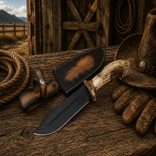 Load image into Gallery viewer, Frontier Hunter Bowie Knife – D2 Acid Etched Antler Handle