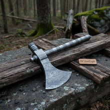 Load image into Gallery viewer, Damascus Steel Smoking Pipe Axe – Hand Forged Functional Pipe Tomahawk with Carved Hardwood Handle | JW SteelCrafts
