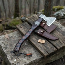 Load image into Gallery viewer, Viking Bearded Axe with Norse Engraved Blade and Leather Sheath