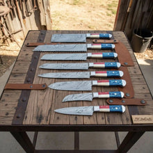 Load image into Gallery viewer, 8-Piece Texas Flag Damascus Knife Set with Cleaver, Bread Knife &amp; More, 8 to 13 Inch Blades | JW Steel Crafts