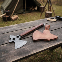 Load image into Gallery viewer, Full-Tang Damascus Camping Axe with Rosewood Handle Scales, Skeletonized Spine &amp; Leather Sheath | JW SteelCrafts