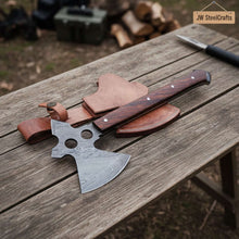 Load image into Gallery viewer, Full-Tang Damascus Camping Axe with Rosewood Handle Scales, Skeletonized Spine &amp; Leather Sheath | JW SteelCrafts