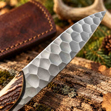 Load image into Gallery viewer, Handmade Hammered D2 Hunting Knife with Stag Antler Handle and Leather Sheath