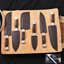 Load image into Gallery viewer, 6-Piece High Carbon Steel Kitchen Knife Set with Leather Roll — Olive Wood Handles, Steel Bolsters, 7 to 12 Inc