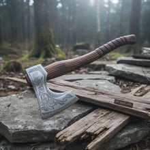 Load image into Gallery viewer, Hand Forged Carbon Steel Viking Axe with Carved Ash Wood Handle and Leather Grip