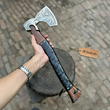 Load image into Gallery viewer, Viking Axe with Leather Wrapped Handle &amp; Engraved Head – JW SteelCrafts