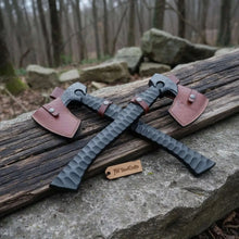 Load image into Gallery viewer, Forged Tool Axe Duo – Textured Steel Heads with Sculpted Hardwood Handles and Leather Sheaths