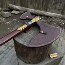 Load image into Gallery viewer, Hand Forged Viking Fantasy Double-Bit Axe with Norse Engraving, Gold Handle Fittings and Blue Gemstone Inlays