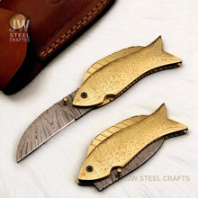 Load image into Gallery viewer, Handmade Damascus Steel Folding Knife with Engraved Brass Fish Handle