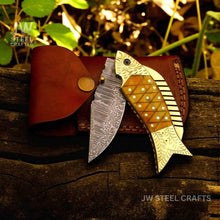 Load image into Gallery viewer, Damascus Fish Folding Knife with Bone Handle, Brass Bolster and Leather Sheath