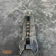 Load image into Gallery viewer, Hand Engraved Double Headed Viking Axe with Nordic Knotwork and Leather Wrapped Handle