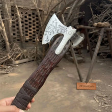 Load image into Gallery viewer, Handmade Viking Double-Bit Carbon Steel Axe with Norse Rune Etching and Engraved Hardwood Handle