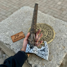Load image into Gallery viewer, Handcrafted Viking Shield and Engraved Axe Set with Raven Motif and Norse Knotwork