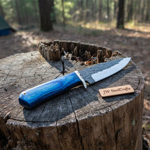 Load image into Gallery viewer, Hammered Drop Point Hunting Knife Blue Pakka wood Handle Fixed Blade