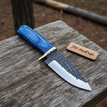 Load image into Gallery viewer, Hammered Drop Point Hunting Knife Blue Pakka wood Handle Fixed Blade