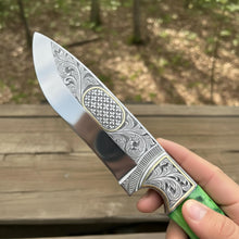 Load image into Gallery viewer, Engraved D2 Hunting Knife Brass Inlay Camel Bone