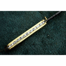 Load image into Gallery viewer, Hand-Engraved Damascus Folding Knife with Brass Handle &amp; Leather Sheath