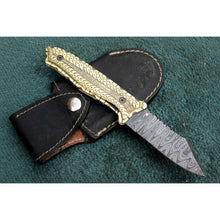 Load image into Gallery viewer, Hand-Engraved Damascus Folding Knife with Brass Handle &amp; Leather Sheath